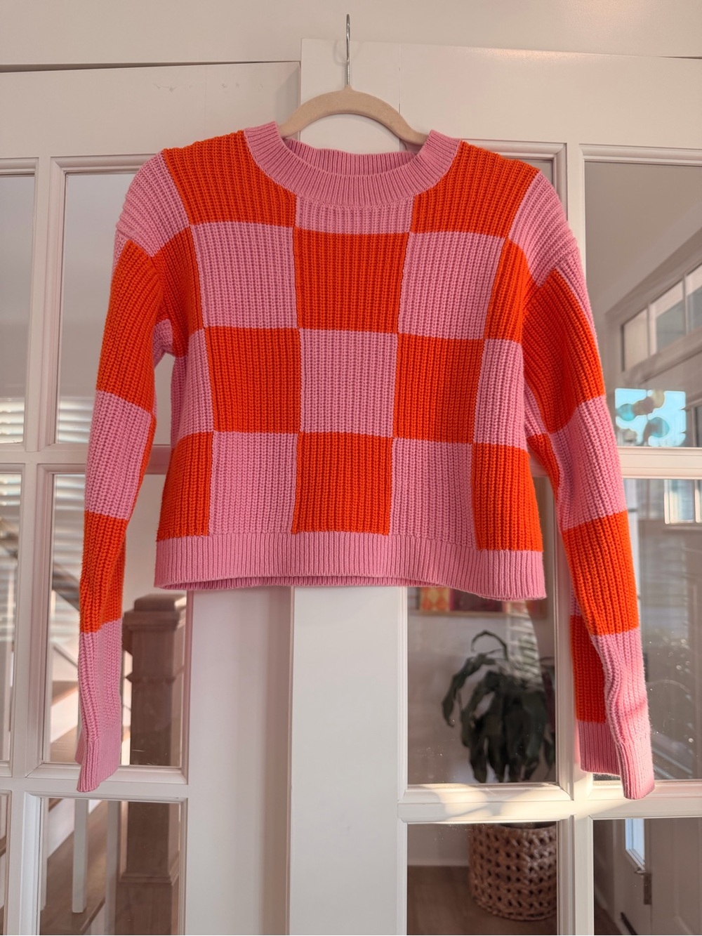 Grey Lab Pink Orange Checkerboard Cropped Knit Sweater Size S